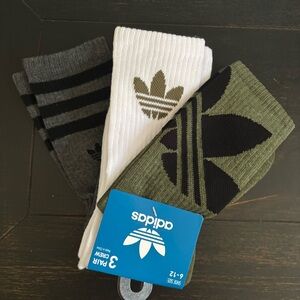 ADIDAS Crew Socks 3 Pair Olive Green, White & Heather Grey NEW
